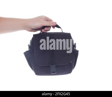 Mann mit Kameratasche auf weißem Hintergrund, isolieren. Nahaufnahme Stockfoto