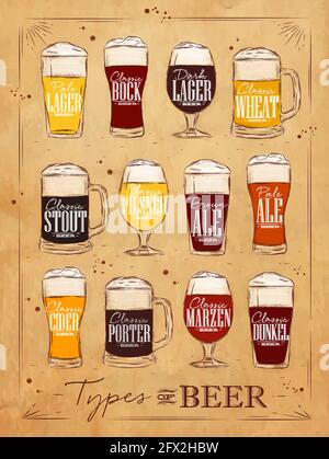 Plakatbiersorten mit Hauptbiersorten blasses Lager, Bock, dunkles Lager, Weizen, Stout, pilsner, braunes Ale, blasses Ale, Cider, Portier, Marzen, Dunkel ziehen Stock Vektor