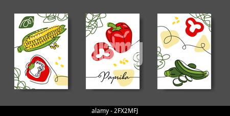 Mexikanische Gemüse Wandlinie Kunst Dekoration, Poster. Satz von Vektorgrafiken. Eine ununterbrochene Linienzeichnung von Gemüse, Paprika, Mais, Zucchini Stock Vektor