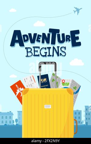 Abenteuer beginnt Werbung Urlaub Reise Poster Design-Konzept. Gelbes Koffergepäck mit Karte, Flugticket und Reisepass. Verschiedene touristische Elemente und Flugzeug Pfad Vektor Illustration Poster Stock Vektor