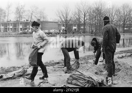 Hochwasser in Drenthe durch Niederschläge und Schmelzwasser aus Deutschland, Arbeiter in Coevorden heben den Böschung des Stieltjeskanaal, 12. März 1981, Regenfälle, Überschwemmungen, Niederlande, Presseagentur des 20. Jahrhunderts, Foto, Nachrichten zum erinnern, Dokumentarfilm, historische Fotografie 1945-1990, visuelle Geschichten, Menschliche Geschichte des zwanzigsten Jahrhunderts, Momente in der Zeit festzuhalten Stockfoto