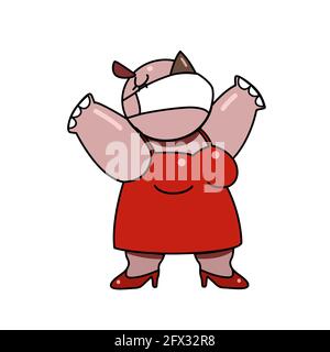 Ein niedliches Nilpferd trägt eine Damenmaske gegen Coronavirus, Grippe, Staub Cartoon-Charakter mit schwarzer Umrisse flache Vektor-Illustration isoliert auf weißem Rücken Stock Vektor