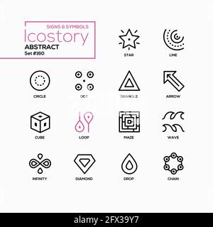 Abstrakte Zeichen und Symbole - Linie Design Stil Symbole gesetzt. Schwarze Bilder von Formen, dekorative Elemente. Stern, Kreis, Punkt, Dreieck, Pfeil, würfel, Schleife, Stock Vektor