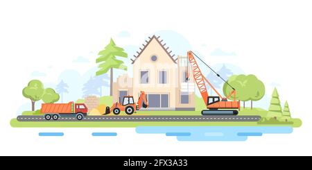 Cottage Estate im Bau - Wohnung Design Stil Illustration. Vorstädtische Landschaft mit einem zweistöckigen Haus, Bäumen, Straße. Bilder von spe Stock Vektor