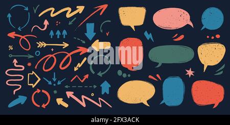 Abstrakte Pfeile und Sprechblasen eingestellt. Verschiedene Doodle Pfeile und Talk Ballons mit Grunge Textur. Handgezeichnete abstrakte Vintage-Infografik Vektor Co Stock Vektor