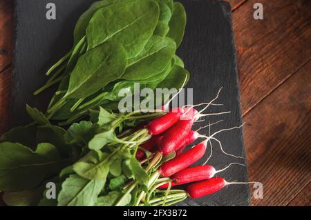 Frische Radieschen mit Blättern und Spinat liegen auf einem schwarzen Servierbrett Stockfoto