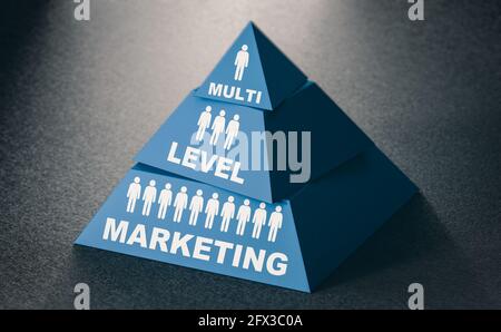 3D-Darstellung einer Pyramide auf schwarzem Hintergrund. Mehrstufiges Marketingkonzept. Stockfoto