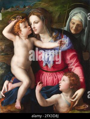 Die Madonna mit dem Kind mit dem heiligen Johannes dem Täufer und der heiligen Elisabeth von Agnolo Bronzino (1503-1572), Öl auf Holz, c.. 1540 Stockfoto