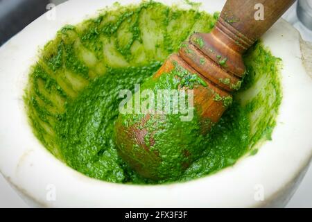 Frisches italienisches Pesto, hausgemachte Sauce mit Basilikum. Stockfoto