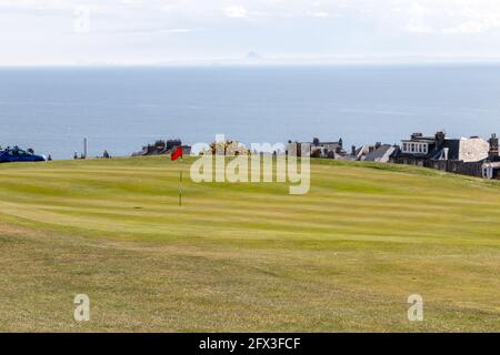 Rote Flagge auf einem grünen Golfplatz von Kinghorn mit dem Meer im Hintergrund. Stockfoto