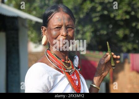 LANJIA SAORA TRIBE - Tribal Woman smoking chilam pipe made of leaves. Runde Holzstopfen oder Taitalya in den Ohren und Khagla- und Jatong-Schmuck um sie herum Stockfoto