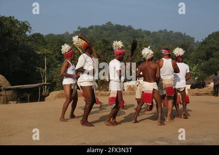 LANJIA SAORA TRIBE - traditioneller Gruppentanz. Männliche Tänzer mit Lendenschurzen und Köpfen, die mit weißen Vogelfedern verziert sind, spielen Trommeln, Gagerai, Trete Stockfoto