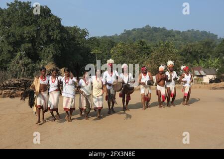 LANJIA SAORA TRIBE - traditioneller Gruppentanz. Männliche Tänzer mit Lendenschurzen und Köpfen, die mit weißen Vogelfedern verziert sind, spielen Trommeln, Gagerai, Trete Stockfoto