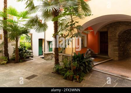 Schweiz, Locarno, 31. August 20. Innenhof mit Palmen Stockfoto