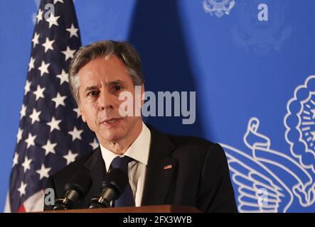 Jerusalem, Usa. Mai 2021. US-Außenminister Antony Blinken gibt am Dienstag, dem 25. Mai 2021, bei einer Pressekonferenz in Jerusalem eine Erklärung ab. Pool Foto von Ronen Zvulun/UPI Kredit: UPI/Alamy Live News Stockfoto