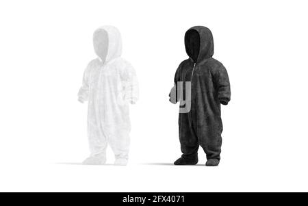 Blank schwarz-weißer Kinder Plüsch Jumpsuit mit Kapuze Mockup, 3d-Rendering. Leerer Kindergrowsuit oder Schlafanzug, isoliert. Klarer kleiner Playsuit oder Stockfoto