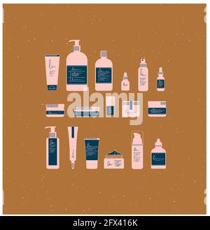 Set aus Kosmetikflaschen im grafischen Stil. Viele Behälter für Schönheits- und Modeprodukte, die auf Senf-Hintergrund gezeichnet sind Stock Vektor