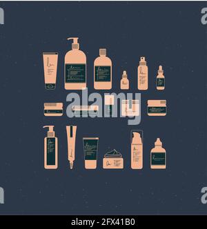 Set aus Kosmetikflaschen im grafischen Stil. Viele Behälter für Schönheits- und Modeprodukte auf blauem Hintergrund Stock Vektor