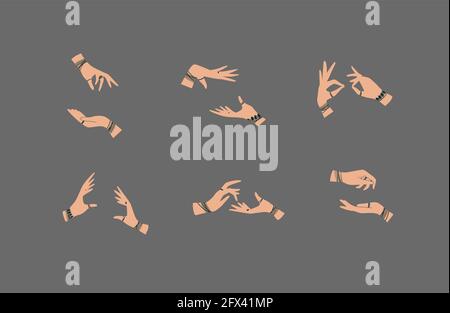 Die Hände werden mit Armbändern und Ringen im Ethnischen Stil gepaart Verschiedene Positionen, um Emotionen auf grauem Hintergrund auszudrücken Stock Vektor