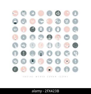 Hände, Etiketten, Kosmetikflaschen, dekorative Symbole, Zweige, Blumen, Tiere und verschiedene Objekte in minimalistischem Grafikstil, Zeichnung auf grauem Hintergrund Stock Vektor