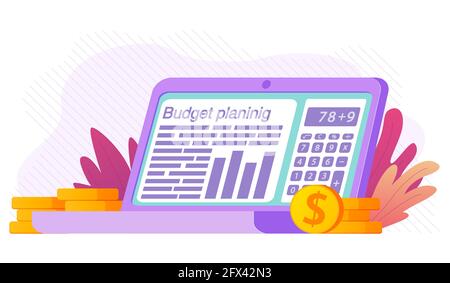 Alculator App, um die Rechnung zu berechnen.Dollar Stapel von Goldmünzen.Vektor flache Abbildung. Stock Vektor