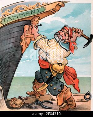 Lediglich eine weitere Galionsfigur - die Illustration zeigt den Chef von Tammany Hall Richard Croker als Piraten, der eine neue Galionsfigur namens 'McClellan' an den Bug eines Schiffes mit der Aufschrift 'Tammany' nagelte; die alte Galionsfigur mit der Aufschrift 'Van Wyck' liegt auf dem Boden, Political Cartoon, 1903 Stockfoto