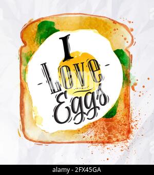 Das Frühstück wurde mit einem Toast mit Wasserfarbe, Rühreiern und Salat serviert Schriftzug Ich liebe Eier Stock Vektor