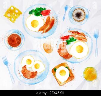 Frühstück gemalt Aquarell auf einem Teller Eier Speck Salat Tomate eine Tasse Kaffee mit einer Gabel, Saft, Tee, Toast, Stock Vektor