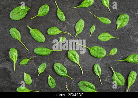 Maissalat Valerianella locusta Blätter in Muster über schwarzem Schiefer wie Brett angeordnet - über Kopf Schuss. Gesundes Grünblatt-Food-Konzept Stockfoto