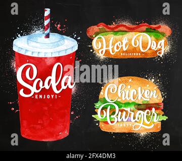 Set aus Sodawasser, Hot Dog und Chicken Burger Zeichnung mit Farbfarbe auf Kreidetafel. Stock Vektor