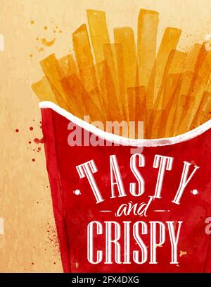 Poster pommes frites Schriftzug lecker und knusprig Zeichnung mit Farbe Farbe auf Kraft Hintergrund. Stock Vektor