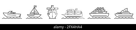 Schiffssymbol. Satz Schiffssymbole. Vektorgrafik. Lineare Symbole für Schifffahrt oder Kreuzfahrt Stock Vektor