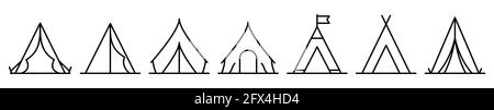 Zelt-Symbol. Set mit Zeltsymbolen. Vektorgrafik. Lineare Symbole für Camping oder Reisen Stock Vektor