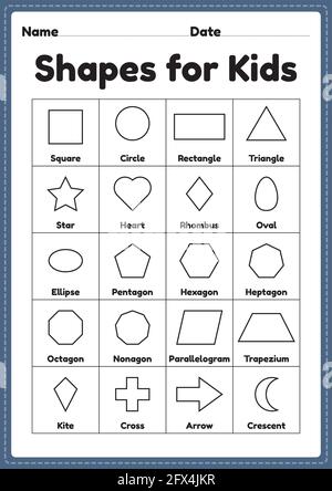 Verschiedene Formen für Kinder Kindergarten und Vorschulkinder zu lernen Grundlegende Symbole für pädagogische Aktivitäten auf einer druckbaren Seite Stock Vektor