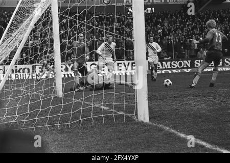 FC Den Haag gegen Excelsior 1-1 (KNVB); Spielmomente, 20. Februar 1977, Sport, Fußball, Niederlande, Presseagentur des 20. Jahrhunderts, Foto, Nachrichten zum erinnern, Dokumentarfilm, historische Fotografie 1945-1990, visuelle Geschichten, Menschliche Geschichte des zwanzigsten Jahrhunderts, Momente in der Zeit festzuhalten Stockfoto