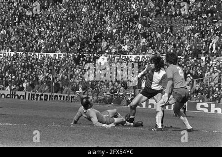 Feyenoord gegen FC Den Haag 3-0, Spielmomente, 16. März 1975, Sport, Fußball, Niederlande, Foto der Presseagentur des 20. Jahrhunderts, zu erinnerende Nachrichten, Dokumentarfilm, historische Fotografie 1945-1990, visuelle Geschichten, Menschliche Geschichte des zwanzigsten Jahrhunderts, Momente in der Zeit festzuhalten Stockfoto