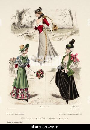 Stickerei und Besatz von Maison Coiquil & Gay. Die neueste Mode, die für die Schneiderin und Schneiderin von Moniteur de la Mode, Paris 1898, entworfen und zugeschnitten wurde. Frankreich, Europa. Alte Farblithographie aus dem späten 19. Jahrhundert Stockfoto