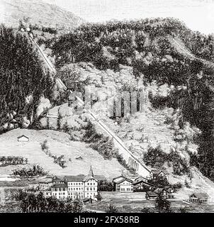 Blick auf die Lauterbrunnen-Mürren-Bahn von Wengen nach Grutsch in der Schweiz, Europa. Alte, gravierte Illustration aus dem 19. Jahrhundert von La Nature 1893 Stockfoto
