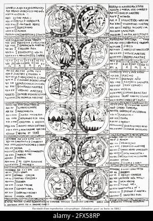 Gravierter Kalender mit Meißel 1464. Alte, gravierte Illustration aus dem 19. Jahrhundert von La Nature 1893 Stockfoto