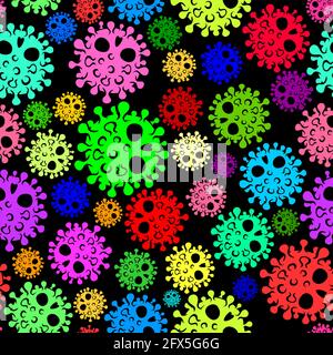 Acid Colorful nahtlose Textur mit Coronavirus Schädel. Corona Virus bekannt als COVID-19 Seamless Vector. Ideales Muster für Ihre Textilien Stock Vektor