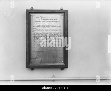 Gedenktafel für HR. Frau Tromp, 10. Februar 1951, Gedenkstätten, Niederlande, 20. Jahrhundert Presseagentur Foto, Nachrichten zu erinnern, Dokumentarfilm, historische Fotografie 1945-1990, visuelle Geschichten, Menschliche Geschichte des zwanzigsten Jahrhunderts, Momente in der Zeit festzuhalten Stockfoto