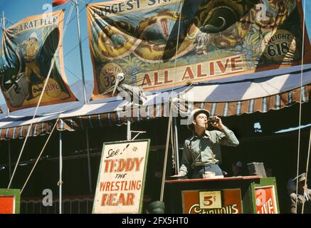 Carnival Barker für „Teddy the Wrestling Bear“, Vermont State Fair, Rutland, Vermont, USA, Jack Delano, U.S. Office of war Information, September 1941 Stockfoto