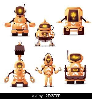 Roboter Straßenarbeiter, Vektor Cyborgs mit freundlichen Glühen Gesichter und Baumaschinen Teile. Künstliche Intelligenz Technologie Charaktere, Karikatur Stock Vektor