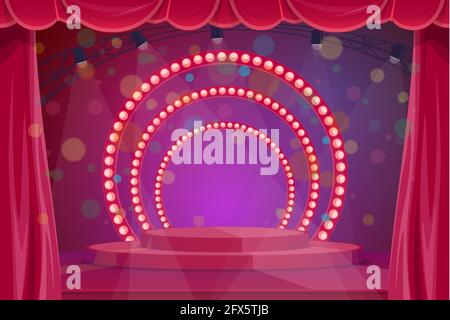 Theater-, Zirkus- oder Konzertbühne mit Podium, Bühnenlichtern und roten Vorhängen. Cartoon-Vektor-Preisverleihung, Präsentation oder Live-Performance-Show Stock Vektor
