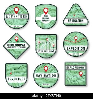 Topographie und Navigation isolierte Vektorsymbole mit topografischer Karte, Navigationssymbolen, Straße, Autobahn und Eisenbahn, Pfad, Routen- und Kreuzsymbole. Stock Vektor