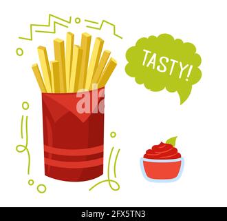 Pommes Frites und Ketchup-Tomatensauce. Hand gezeichnet Fast Food Cartoon Ketchup Fleck. Sprechblase für Schilder. Sticks geröstete Kartoffelchips Kartoffeln. Menu Card Delicious Fast Food, lecker ungesunde Mittagessen Vektor Stock Vektor