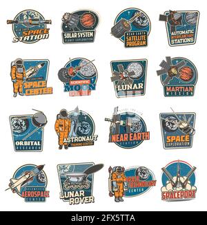 Galaxien- und Weltraumerkennungs-Ikonen, Vektorembleme Astronaut in der Galaxie, Rakete im äußeren Kosmos, Shuttle-Expedition, Abenteuer erkunden. Satelliten im Raumradar Stock Vektor