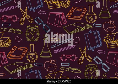 Back to School Doodle Skizze farbige nahtlose Muster. Lernen Schule Linie Textil. Erster Tag der Schulausrüstung, Education Concept Icon. Chemie, Skizzenbuch, Brille, Büroscheren Stock Vektor