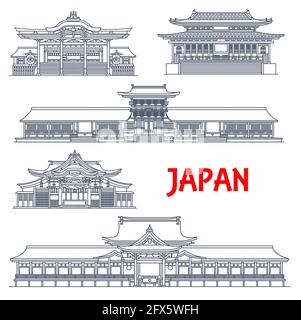 Japanische Wahrzeichen, Architekturtempel und Gebäude, Vektorlinien-Symbole. Japanischer berühmter Tokoji-Tempel in Ikaruga, USA Jingu oder USA Hachimangu Shint Stock Vektor