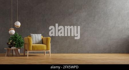 Gelber Sessel und ein Holztisch im Wohnzimmer Mit Pflanze, Betonwand.3d-Rendering Stockfoto